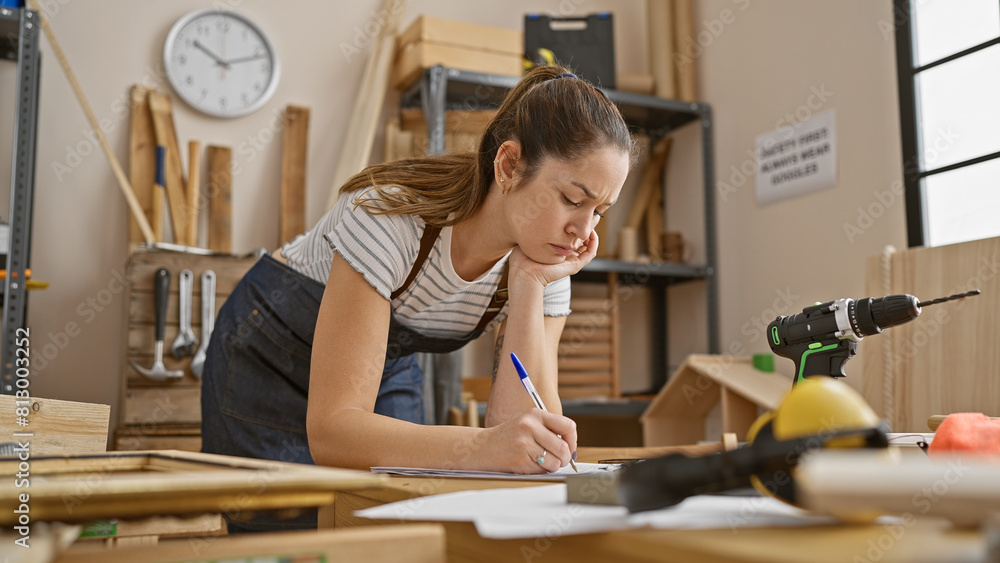 Concentrated young woman sketching plans in a sunny carpentry workshop surrounded by wood and tools. Concentrated young woman sketching plans in a sunny carpentry workshop surrounded by wood and tools.