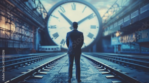 A man walking down a railroad track towards a giant clock in the distance. concept