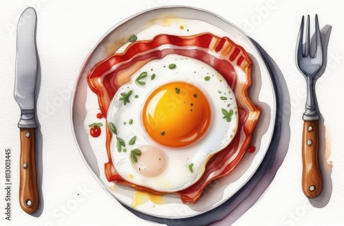 Fried eggs with bacon and tomato on plate, eggs. spoon and fork on sides. Hand-drawn watercolor illustration. breakfast. view from above.