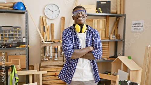 Handsome black man with crossed arms wearing safety equipment in a carpentry workshop.