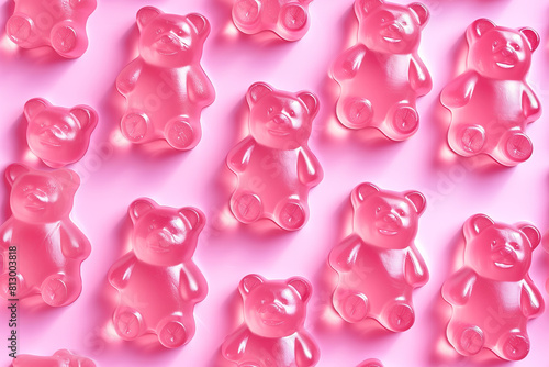 Pink gummy bear background, Close-Up Pink Gummy Bear Background | Sweet and Playful Design | Candy, Treats, Close Shot, Vibrant Pink, Fun and Colorful
