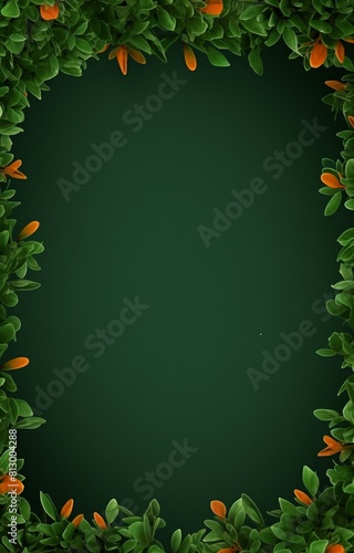  a beautiful green background with a frame of realistic 3D rendered leaves and acorns.