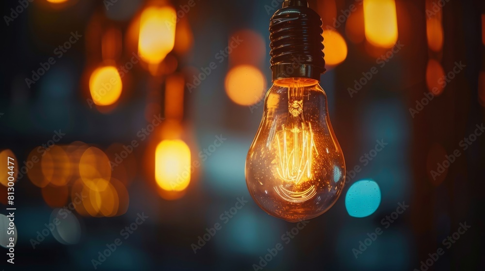 A light bulb is lit up in a dark room A light bulb is lit up in a dark room