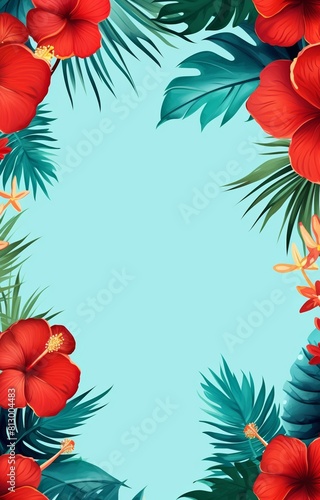  a blue background with a red hibiscus flower in the corner. There are also green leaves around the flower.