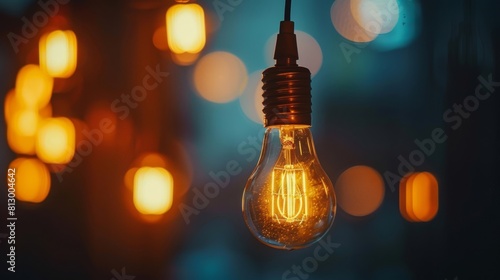 A light bulb is lit up in a dark room
