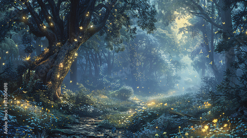 An enchanted forest glimmering with fireflies and inhabited by mischievous sprites  where every tree and flower holds a secret and magical creatures frolic in the moonlight