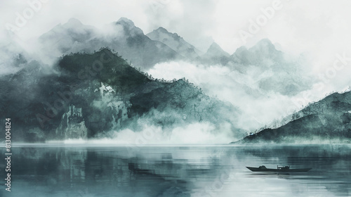 there is a boat floating on a lake with mountains in the background © Spirited