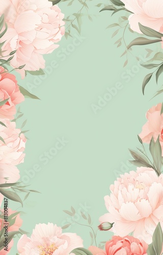 a watercolor painting of a floral frame with pink and white peonies  and green leaves on a sage green background.