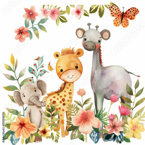 there are two giraffes and a elephant in the jungle