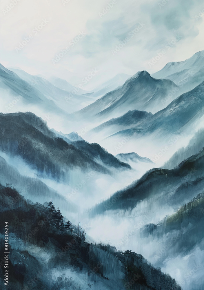painting of a mountain range with a few trees and fog