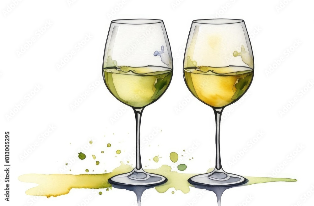 Two glasses of white wine on a white background. Watercolor illustration. Two glasses of white wine on a white background. Watercolor illustration.