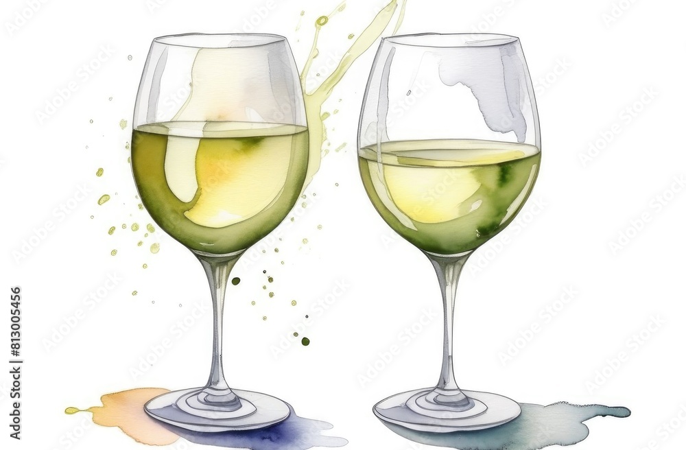 Two glasses of white wine on a white background. Watercolor illustration. Two glasses of white wine on a white background. Watercolor illustration.