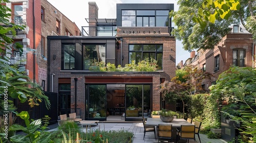 : Stylish Townhouse with Rooftop Garden in Historic District. Modern townhouse with a green rooftop garden nestled in a historic urban district. photo
