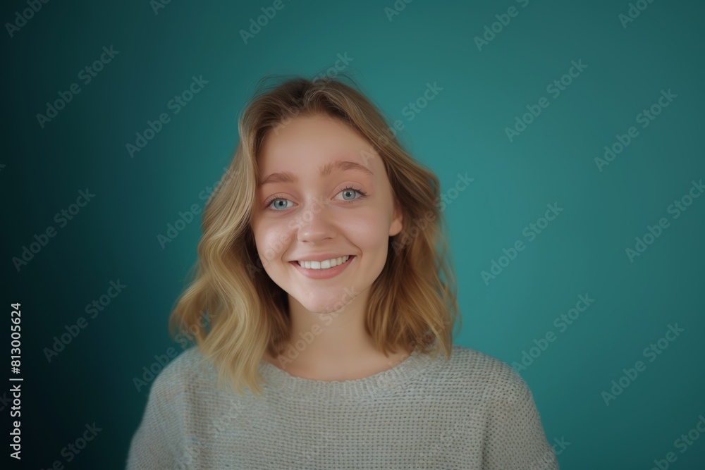 Young Woman in Soft Teal Sweater, Teal Background. Generative AI. Young Woman in Soft Teal Sweater, Teal Background. Generative AI.