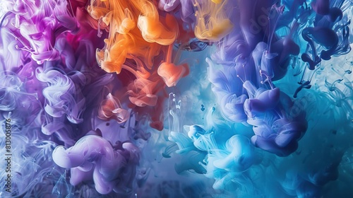 An abstract scene of ink in water, where each color of the rainbow gently diffuses, creating soft edges that resemble clouds, the overall effect both tranquil and mesmerizing photo