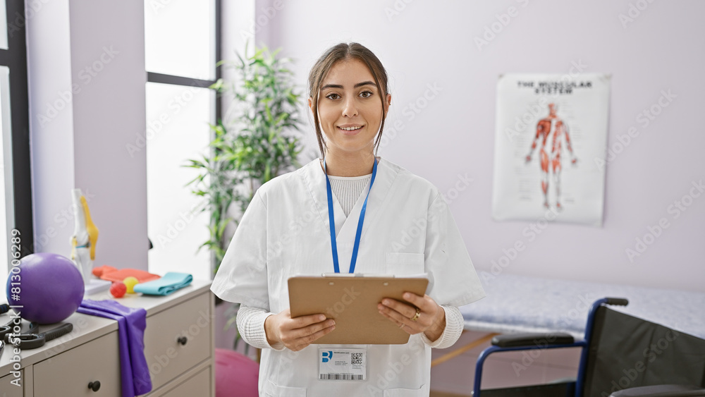 Young hispanic female clinician holding a clipboard stands in a rehab clinic room, exuding professionalism and warmth. Young hispanic female clinician holding a clipboard stands in a rehab clinic room, exuding professionalism and warmth.