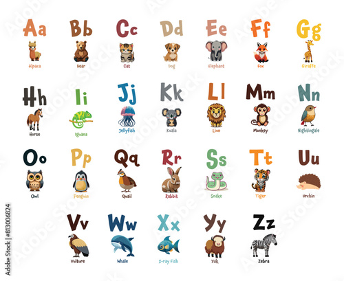 Cute animals alphabet for kids education. Hand drawn animal characters. Vector illustration. Perfect for card, label, brochure, flyer, page, banner design. ABC. © RabiaAhsen