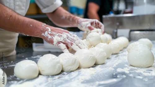 Cheesemaker, showing freshly made mozzarella. The homemade cheese maker produces caciocavallo. Pasta filata, Traditional Italian mozzarella. photo