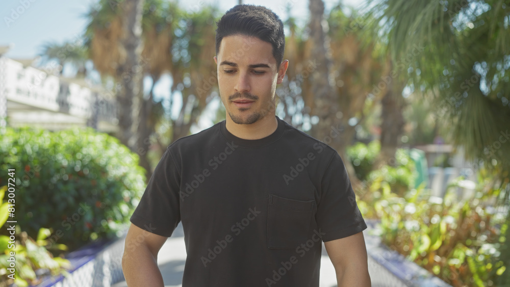 Handsome young hispanic man with beard posing in a lush urban park during daytime Handsome young hispanic man with beard posing in a lush urban park during daytime