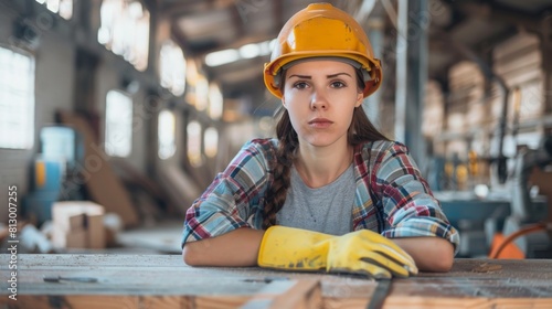 Beautiful caucasian young brown-hair woman in plaid shirt, gray T-shirt, yellow gloves, protective helmet working in carpentry workshop at wooden table place with piece of wood, different tools photo