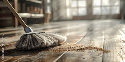 Capturing the Details: Broom Sweeping Wooden Floor. Concept Cleaning, Broom, Wooden Floor, Household Chores, Home Maintenance photo