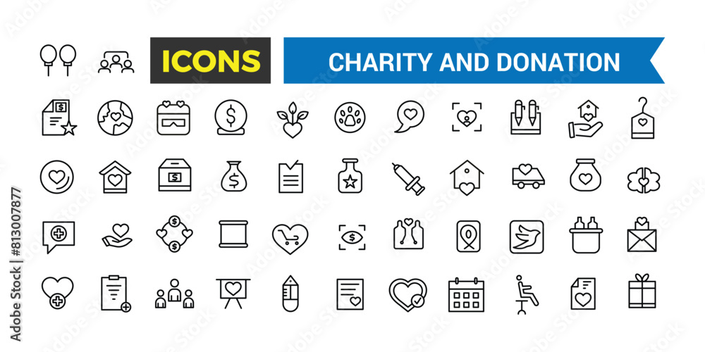 Charity And Donation Icon Set, Set Of Charity Line Icons, Simple Pictograms Pack, Stroke Vector Illustration Charity And Donation Icon Set, Set Of Charity Line Icons, Simple Pictograms Pack, Stroke Vector Illustration