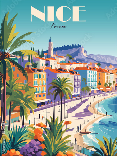 Nice, France Travel Destination Poster in retro style. French Riviera vintage colorful print. European summer vacation, holidays concept. Vector art illustration.	