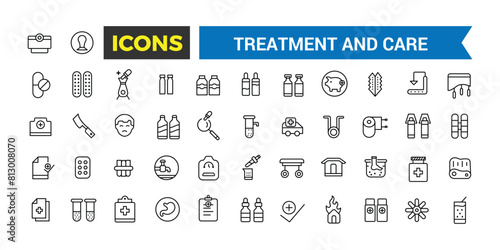 Treatment and Care Icon, Emergency, Pharmacology And More, Thin Line Icons Set, Vector Illustration