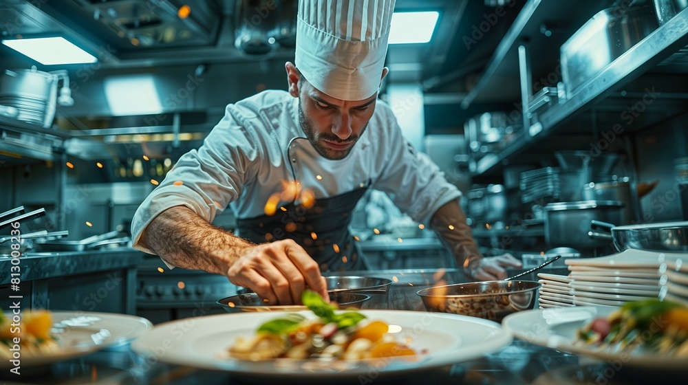 A chef is cooking food in a kitchen with a lot of pots and pans A chef is cooking food in a kitchen with a lot of pots and pans