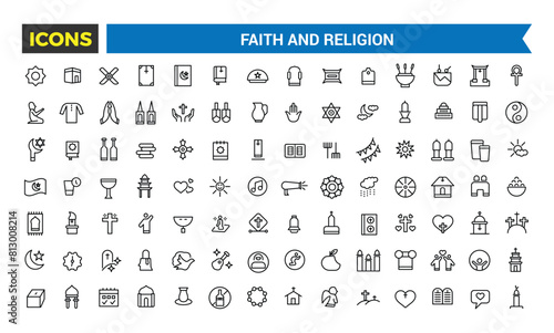 Faith And Religion Line Icons Collection, Big Ui Icon Set In A Flat Design, Thin Outline Icons Pack, Vector Illustration