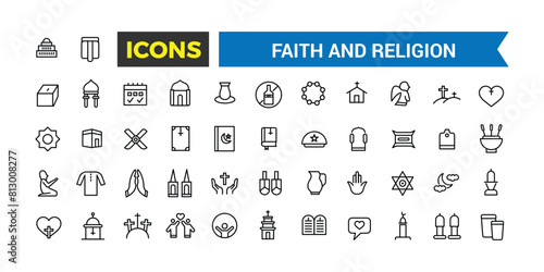 Faith And Religion Line Icons Collection, Big Ui Icon Set In A Flat Design, Thin Outline Icons Pack, Vector Illustration