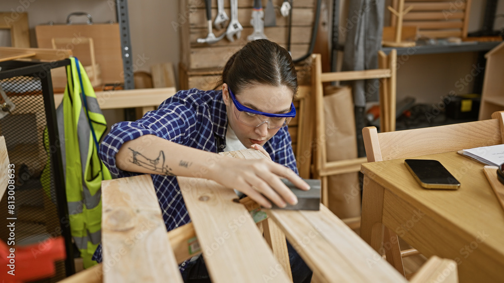 A focused woman sanding wood in a carpentry workshop surrounded by tools and furniture. A focused woman sanding wood in a carpentry workshop surrounded by tools and furniture.