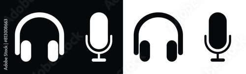 Microphone and headphones icon set.  simple black and white icons for podcast, voice, recording, and more app and website. vector illustration on transparent background.
