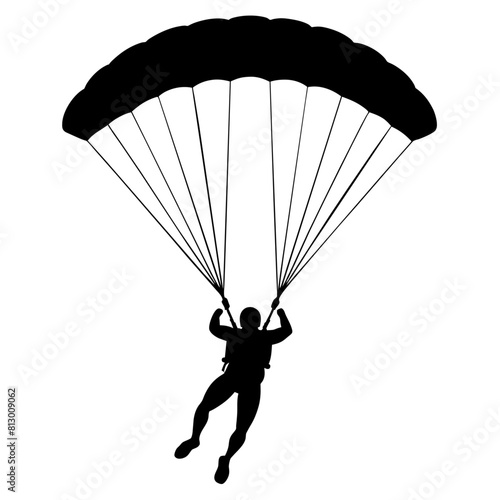 Man Jumping With Parachute vector silhouette, white background 