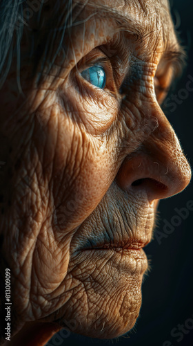 A woman with blue eyes and wrinkles on her face © rattapornkul