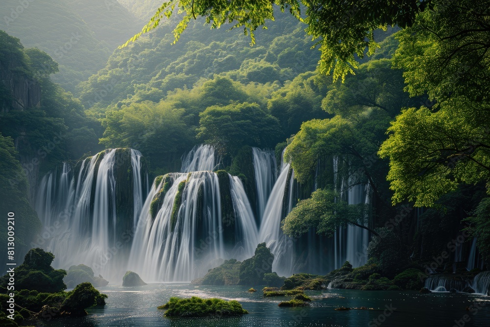 Ethereal Waters: Dreamy Waterfall and Crystal-clear Pond Ethereal Waters: Dreamy Waterfall and Crystal-clear Pond