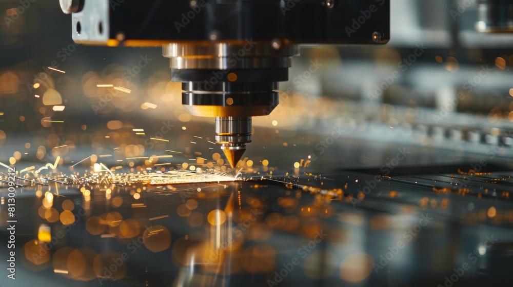 CNC Laser cutting of metal, modern industrial technology Making Industrial Details. The laser optics and CNC (computer numerical control) are used to direct the material or the laser beam generated.