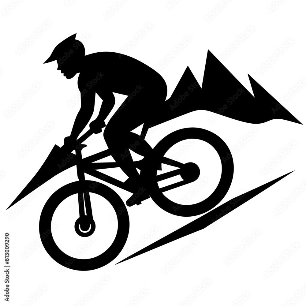 Fototapeta premium Mountain biker, A mountain Rider ride the bike on mountain vector silhouette, win, isolated white background