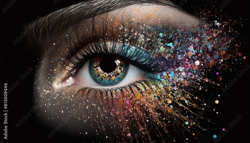Eye on a black background and a lot of glitter makeup. Generative AI, Eye on a black background and a lot of glitter makeup. Generative AI,