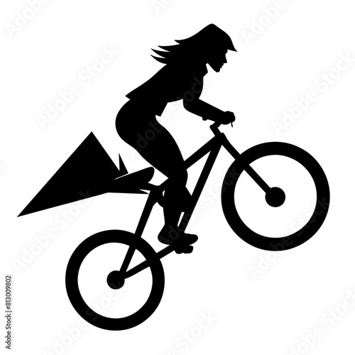 Mountain female biker, ride the mountain with stunting vector silhouette