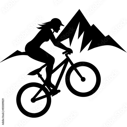 Mountain female biker, ride the mountain with stunting vector silhouette