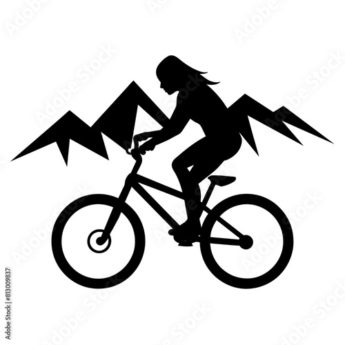 Mountain female biker, ride the mountain with stunting vector silhouette