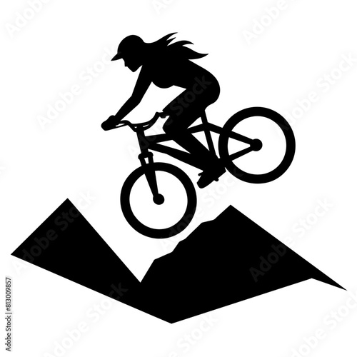 Mountain female biker, ride the mountain with stunting vector silhouette