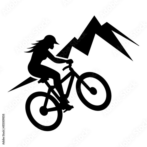 Mountain female biker, ride the mountain with stunting vector silhouette
