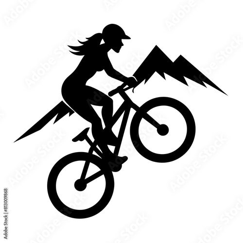 Mountain female biker, ride the mountain with stunting vector silhouette