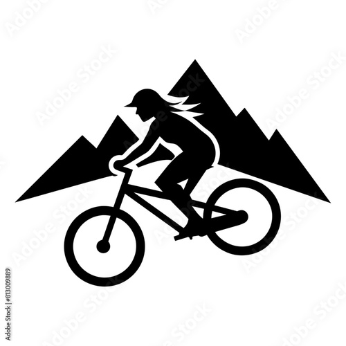 Mountain female biker, ride the mountain with stunting vector silhouette