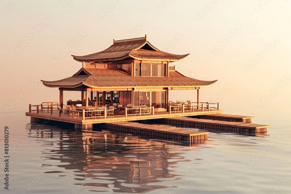 3D render of a floating restaurant on sea backdrop, Chinese building