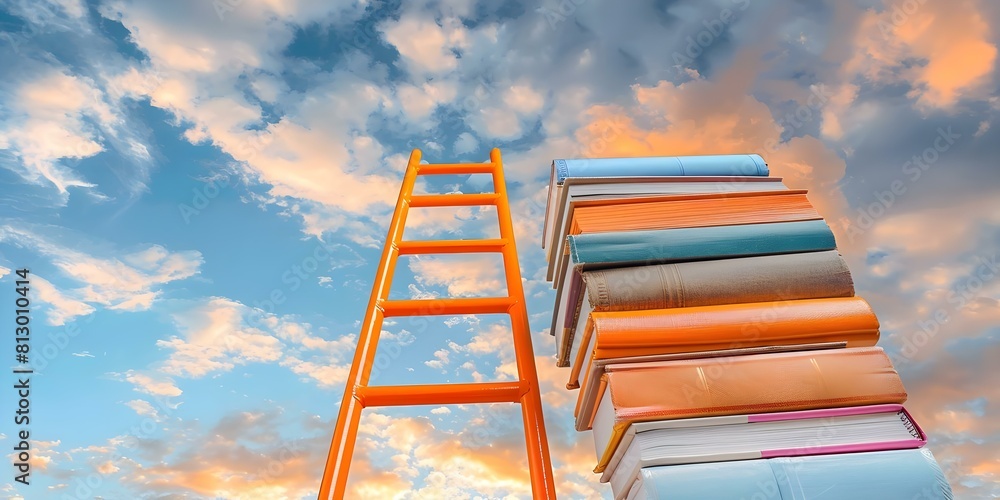 Book stack forming ladder against sky with clouds symbolizing educational growth. Concept Education, Growth, Book Stack, Sky, Clouds Book stack forming ladder against sky with clouds symbolizing educational growth. Concept Education, Growth, Book Stack, Sky, Clouds