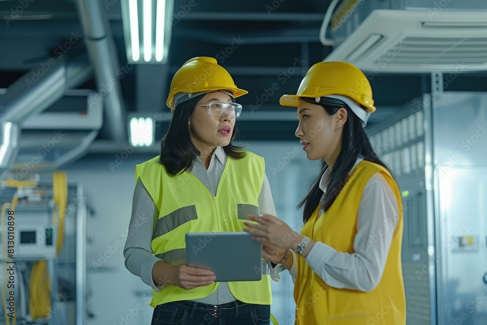Woman Manager Reviewing Technical Data at HVAC Site, Safety Gear, Yellow Outfit Woman Manager Reviewing Technical Data at HVAC Site, Safety Gear, Yellow Outfit