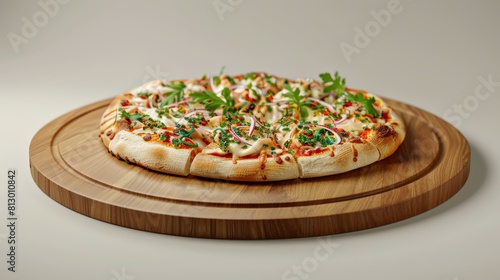 3D render of homemade flammkuchen on wood plate isolated on gray backdrop, food 